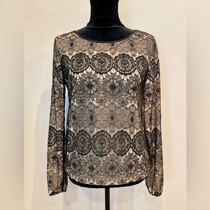 MSSP Brand/Max Studio Black & Nude Lace Detailed Long Sleeve Blouse, SIZE XS.